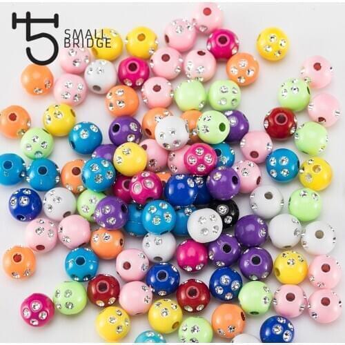 100pcs 8mm Mix Color Plastic Acrylic Beads For Bracelet Making Women Diy Perles With Rhinestone Round Spacer Bead Wholesale Q002