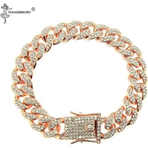 S-Link Miami 12mm Rose Gold Cuban Bracelet Pink Rhinestone Alloy Frozen Hip Hop Fashion Punk Necklace Jewelry