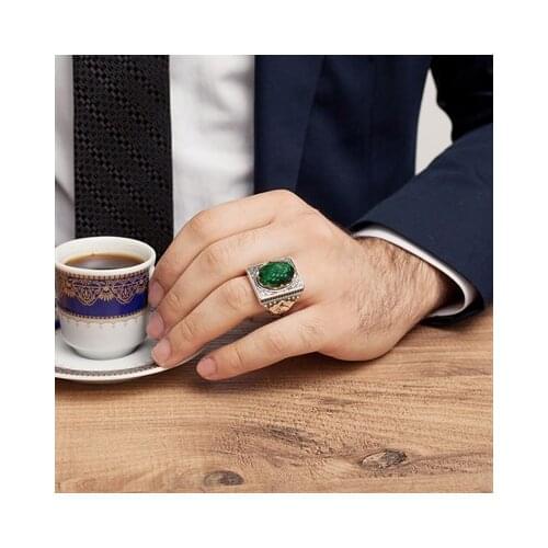 No Written Green Stone Silver Men 'S Ring