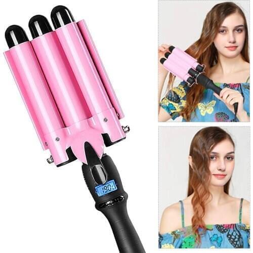 3 Barrel Curling Iron Hair Waver Iron LCD Display Fast Heating Ceramic Hair Wave Curler for Women Hair Curling Wand (Pink)