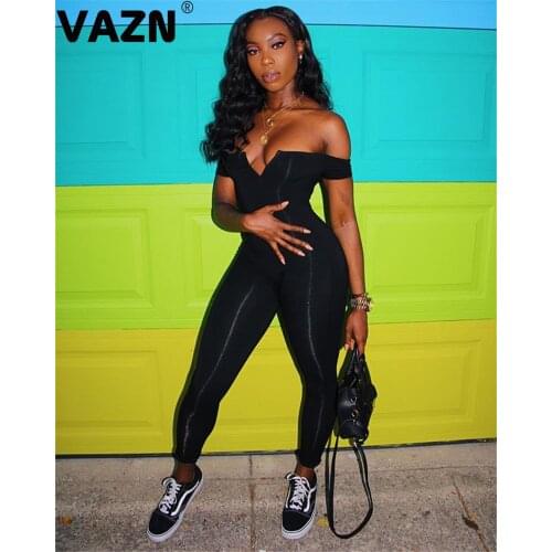 VAZN GCY11049 special product 2019 summer sexy lady 2 colors jumpsuit slash neck short sleeve solid jumpsuit sexy club jumpsuits