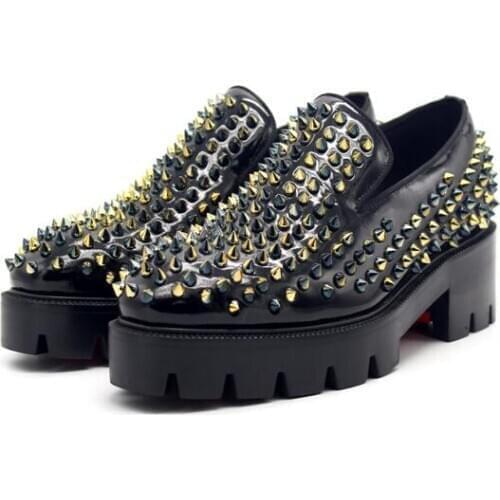 High top handmade platform shoes black loafers men shoes rivet genuine leather slip on formal wedding party shoes for men