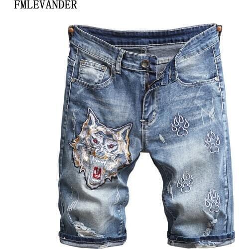 High Quality Denim Knee Length Straight Pantalones Jeans Wolf Embroidery Hombre Short Men Jeans