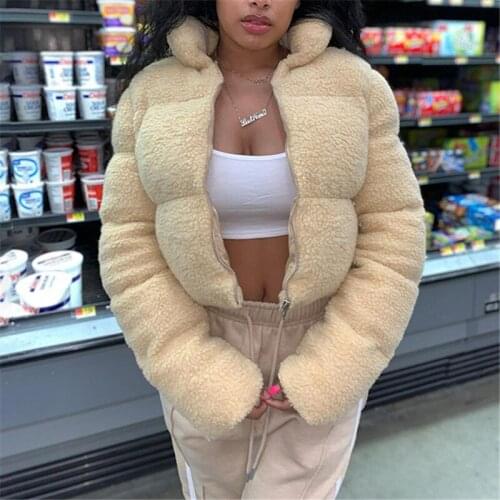 Women Winter Long-Sleeve Solid Bubble Jacket 2020 Warm Thick Soft Plush Stand-Up Collar Zipper Coat Fashion Streetwear Overcoat