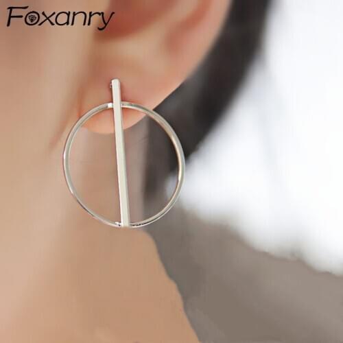 Foxanry Prevent Allergy 925 Sterling Silver Smooth Stud Earrings for Women Fashion Simple Circle Geometric Pendant Party Jewelry