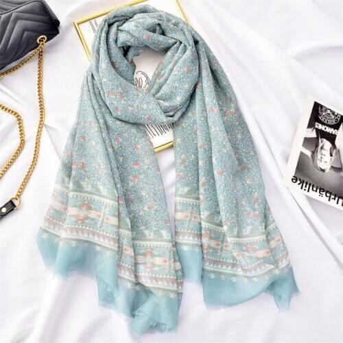 Women Solid Floral Aztec Printed Scarf Fashion Girl Spring Summer Blue Mint Light Color Print Scarf Cape Shawl Wrap Long Scarf