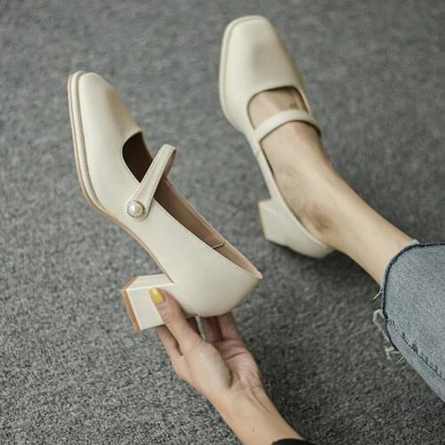 Women Square Toe Pearl Thick Heels 2021 Summer Autumn Woman Slip On Pumps Female Elegant Party Shoes Ladies Fashion Footwear