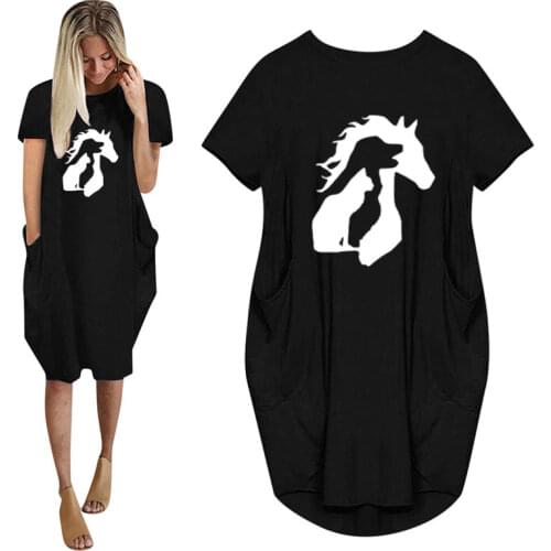 New ANIMAL LOVER Horse Dog Cat Print Women Casual Loose Dress With Pocket Ladies Fashion O Neck Long Tops Female T Shirt Dress