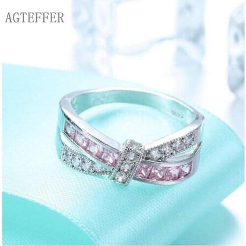 AGTEFFER 925 Sterling Silver AAA Zircon Six Colors Pink/Blue/Green Crystal Ring For Women Fashion Wedding Party Charm Jewelry