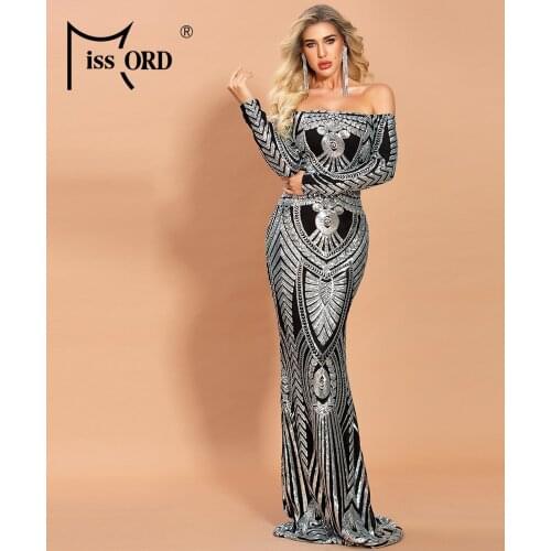 Missord 2021 Women Sexy Slash Neck Off Shoulder Long Sleeve Sequin Dresses Female Elegant Bodycon Maxi Dress FT20082