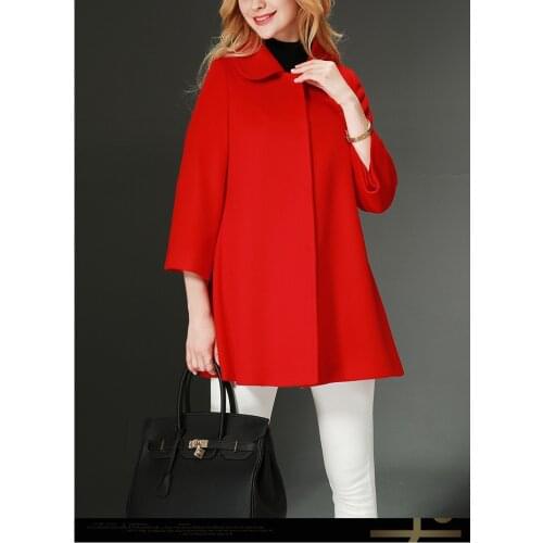Female high-end wool short coat black red fashion three-quarter sleeves dark button coat