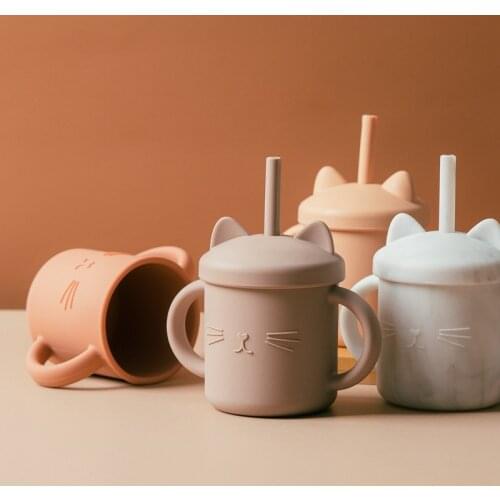 1pc Baby Silicone Water Cup Food Grade BPA Free Kids Learning Drinking Straw Cup Drinking Cup With Non-Slip Handle Baby Product