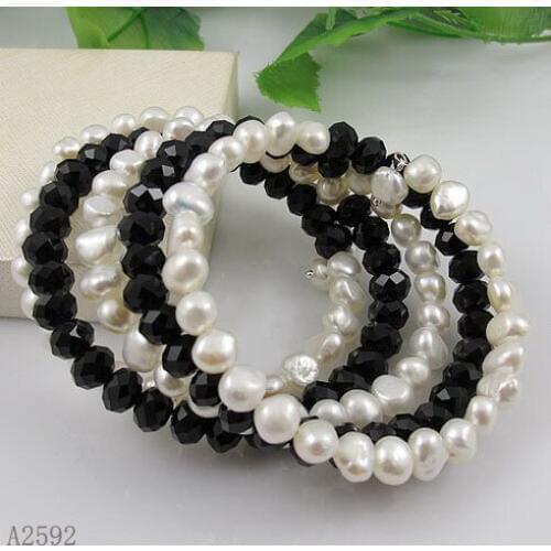 Natural Pearl Crystal Bracelet,AA 8-9MM 5Rows White Freshwater Pearl Black Crystal Jewellery Wedding Birthday Ladys Gift