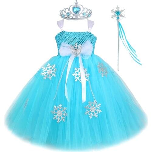 Princess Elsa Long Dress for Girls Kids Birthday Halloween Costume Snow Queen Girl Tutu Dresses Full Length Child Cosplay Outfit