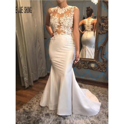 E JUE SHUNG Sexy Mermaid Wedding Dress Sleeveless Soft Satin Bridal Gown Lace Appliques Illusion High Neck vestidos de novia