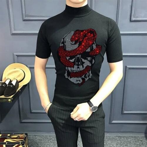 T-Shirt Sweater Casual Slim Wool Short Sleeve Men Winter Top Quality Kniwear Heavy Craft Rhinestone Spring Knitted Crop 2021 New