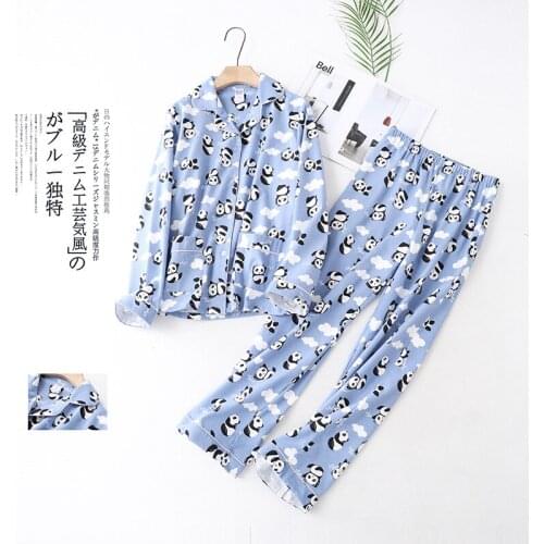 Korean Style Lapel Cotton Pajamas Womens Spring and Autumn Leisure Plus Size Panda Print Cardigan Comfortable Home Service Suit