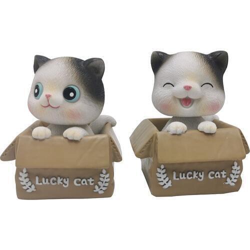 1 pcs Cute Cartoon Resin Lucky Box Cat Shaking Head Car Ornaments For Car Desktop Home Creative Ornament Interior Decorations