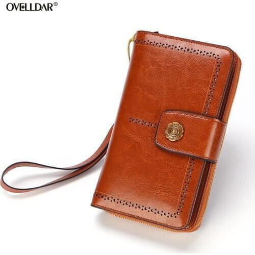 Ladies Leather Wallet Oil Wax Cowhide Long Section Ladies Zipper Bag Retro Phone Bag Ladies Wallet Coin Pocket Money Bag