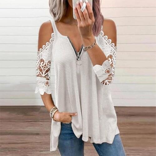 Summer Women Tshirt Sexy V-Neck Collar Zipper Short Sleeve Casual Tee Tops Woman Hollow Out Lace Fashion T-Shirt Top Plus Size
