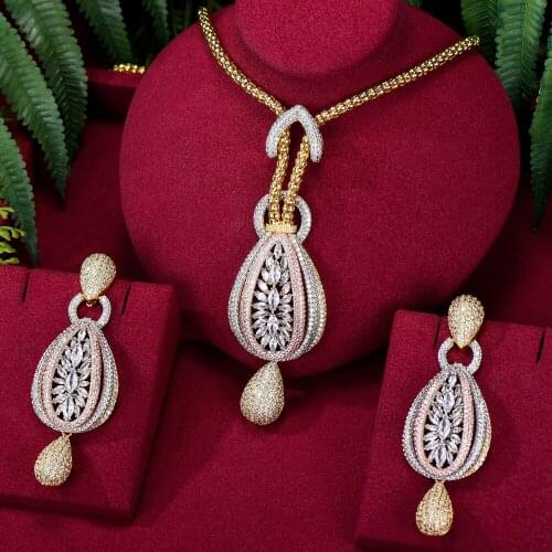 Missvikki Luxury Tricolor Drops Statement Jewelry Set For Women Wedding Party Full Zircon Dubai Bridal jewelry Set High Quality