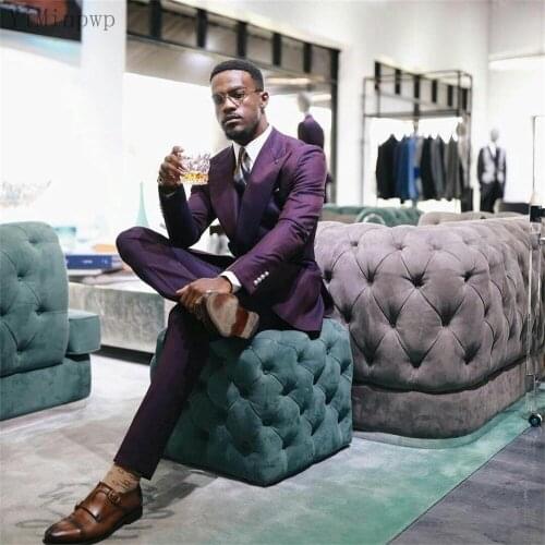 YiMinpwp Grape Men Suits Peaked Lapel Double Breasted Prom Suits Costume Mariage Homme Wedding Suit for Mens 2 Piece Coat Pant