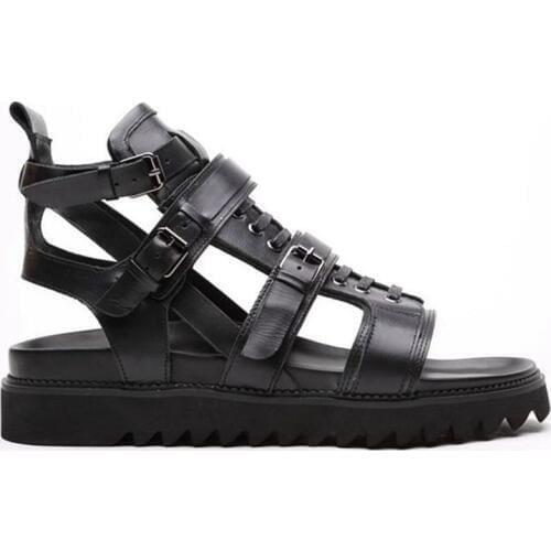 2020 Italian New Cow Real Leather High Top Men Beach Sandals Thick Platform Lace Up Buckle Strap Hollow Out Punk Gladiator Shoes