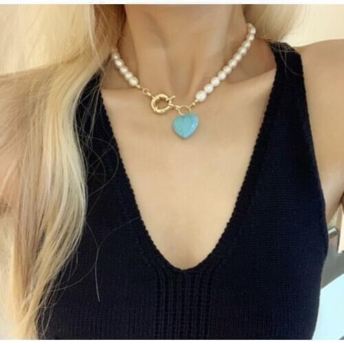 Orgin Summer Vintage Baroque Natural Freshwater Pearl Love Heart Pendant Necklace for Women Fairy Blue Necklace Party Jewelry