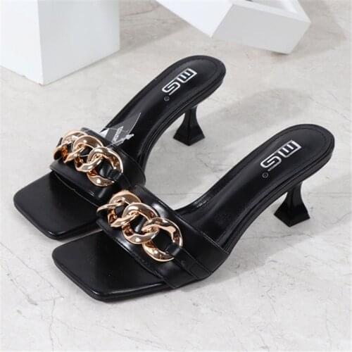 Summer Womens Slippers Women Sandals 6cm Heels Shoes Female Golden Metal Chain Ladies Slipper Fashion Casual Slides Mules