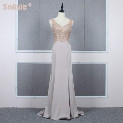 SoAyle A-Line Khaki Evening Dress for women Party V-Neck Beaded Satin Mermaid Evening Dresses Plus Size