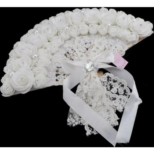 Wedding Handheld Fan Bride Lace Rose Flower Fans Decorative Non-Foldable Fan