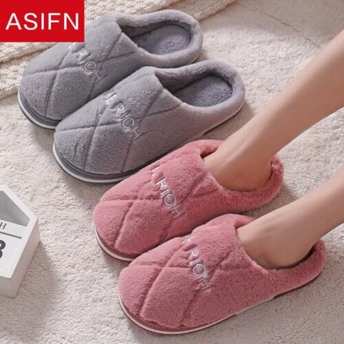 ASIFN Women Winter Home Slippers Men Flock Non-slip Soft Winter Warm House Plus Velvet Indoor Bedroom Lovers Couples Floor Shoes