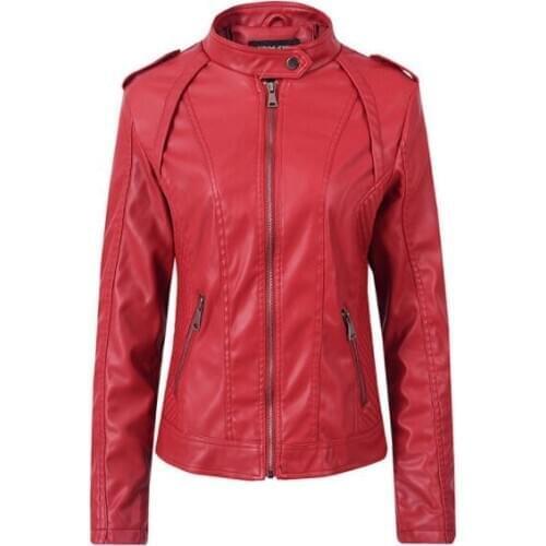 2019 Women Fashion Pu Leather Jacket Black Brown Washed Tunic Outerwear Jacket Mandarin Collar Zippers Pockets Slim Ladies Coats