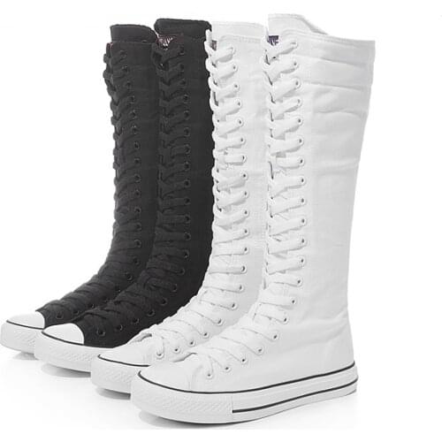 2021 New Spring Women Canvas Casual High Top Shoes Long Boots Lace-Up Zipper Comfortable Flat Female Autumn High Boots Sneakers