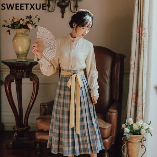 SWEETXUE Lady Spring Set 2021 Fashion Fairy Set Hanfu Literary Retro Shirt + Plaid Long Skirt Two-Piece Suit Womens