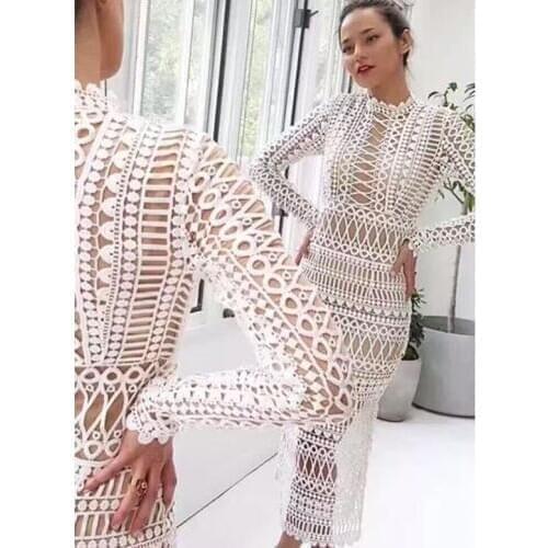 Midi dress Free Shipping 2018 autumn A slim two piece long sleeved beige white lace women runway sexy casual party elegant prom