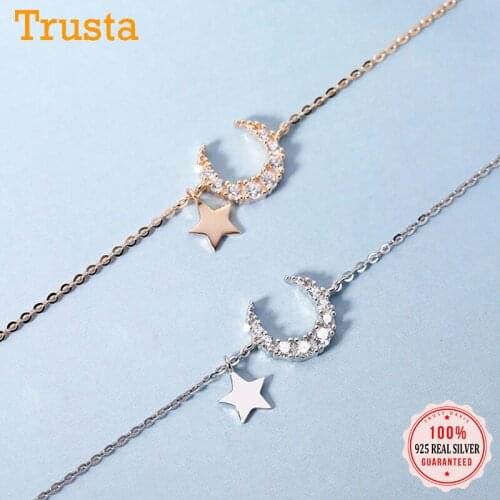 TrustDavis Real 925 Sterling Silver Necklace Moon Star Pendants CZ Choker For Women Wedding Birthday Fine Jewelry DB167