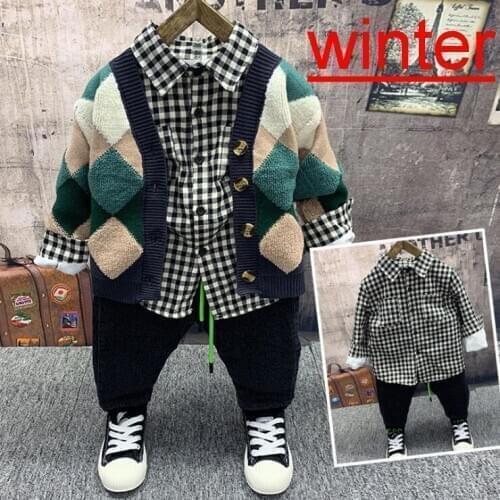 Winter Sets Childrens Wear, New Childrens Suit, Boys Knit Cardigan,plush T-shirts, plush jeans 3pcs Pieces of boys sets 2-6Yr