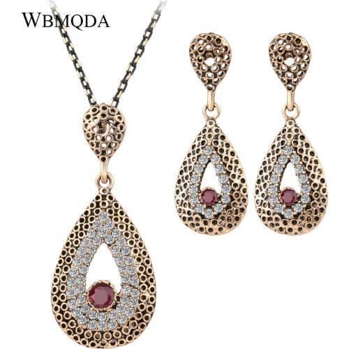 2 Pcs/lot Fashion Luxury Water Drop Crystal Necklace Earrings For Women Vintage Antique Gold Statement Wedding Jewelry Sets