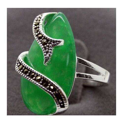 24*13mm 925 Silver Natural Green Natural JADE Snake Shape Marcasite Ring Size 7/8/9/10