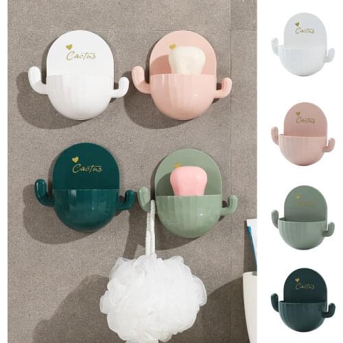 Household Cactus Soap Box Dish Wall-mounted Bathroom Free Punch Plant Shape Soap Drain Holder Suction Cup Tray Case Container