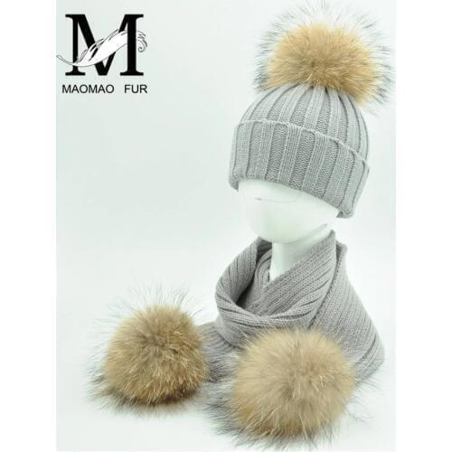 Kids Knit Beanie Hats and Scarves Winter Real Fur Pom Pom Hat Scarf Set for Child Chunky Thick Warm Natural Fur Ball Hat