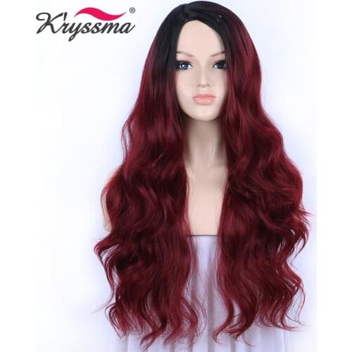 Kryssma Burgundy Long Wavy Synthetic Wig Wigs for Women Red Ombre Black Roots to #99j Deep Parting 130% Density Heat Resistant
