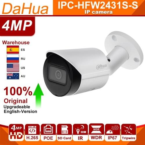 Dahua Original Starlight IP camera 4MP IPC-HFW2431S-S 4MP POE SD Card H.265 IP67 IK10 IR Mini Bullet Camera IVS Network Camera