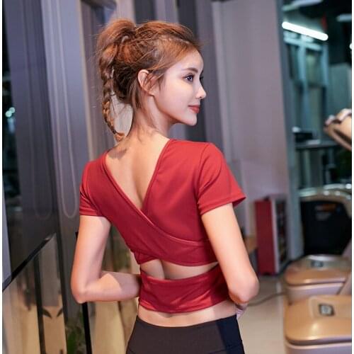 Summer Sport T-shirt Women Sexy Yoga Shirts Back Hollow Cross Strap Padded T-shirt Gym Fitness Running Workout Tight Tops Blouse