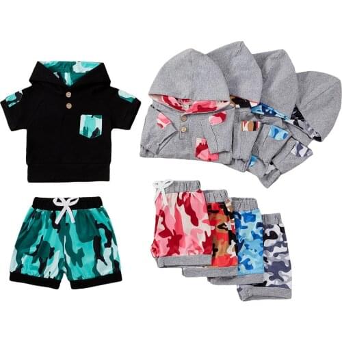 2Pcs Baby Summer Tracksuit, Camouflage Hooded Short Sleeves T-Shirt + Elastic Waist Shorts for Toddler Girls, Boys, 0-3 Years
