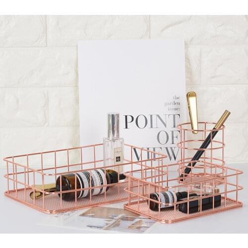 INS Nordic Style Rose Gold Metal Storage Baskets Multipurpose Sundries Toy Storage Box Desktop Decor Stationery Makeup Organizer