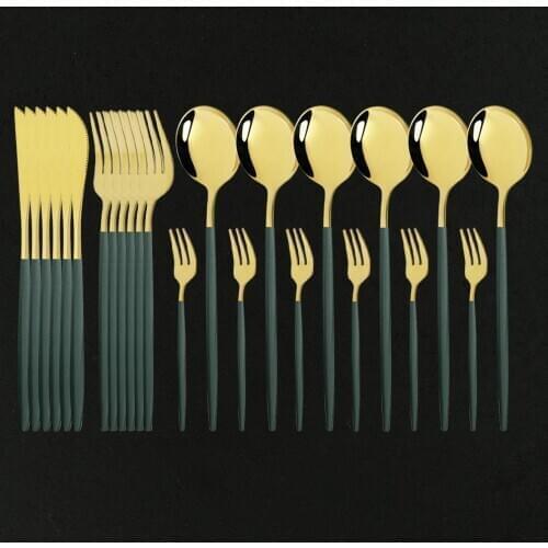 24Pcs Green Gold Cutlery Set Mirror Dinnenrware Set Stainless Steel Flatware Dinner Knife Fork Spoon Cakefork For Home