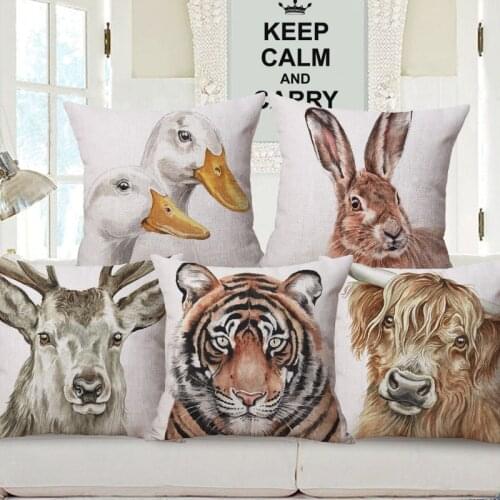Hand Painting Animals Cushion Covers Wild Stag Highland Cow Hare Horse Rabbit Fox Print Decorative Pillow Case