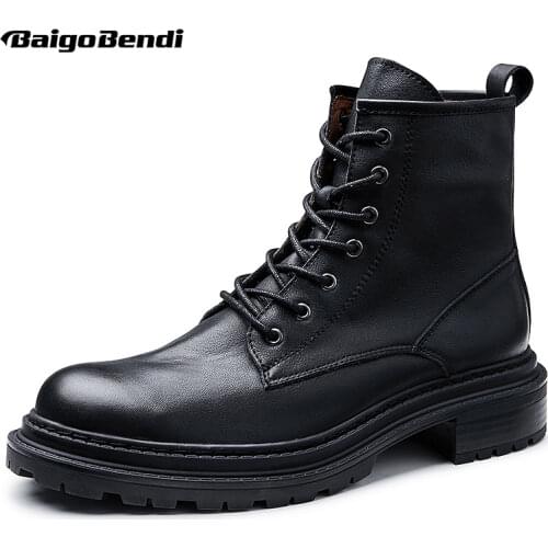 OH MY GOD!Pick ME!! Winter Fur Lined Mid-calf Leather Boots Men Lace Up Cowhide Work Boots COOL BOY Lace Up Motorcycle Boots